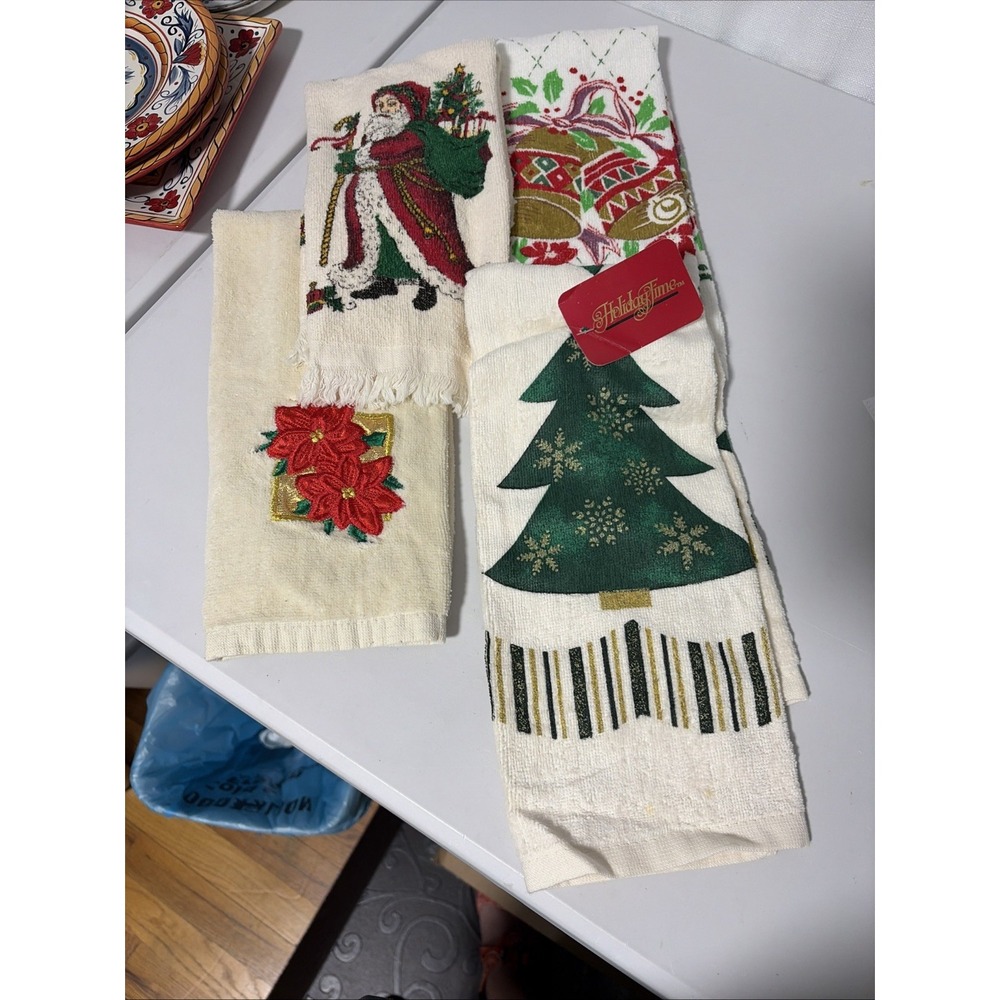 Christmas Dish Towels Lot Of 4-1 NWT 3-pre owned Santa Bells Poinsettias Tree